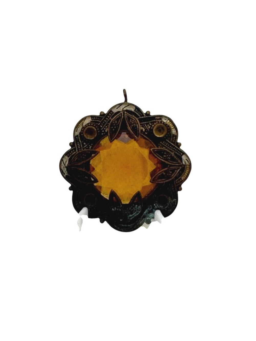Antique Brass Pendant Amber Glass Gemstone Ornate Filigree 1.5" Art Deco READ